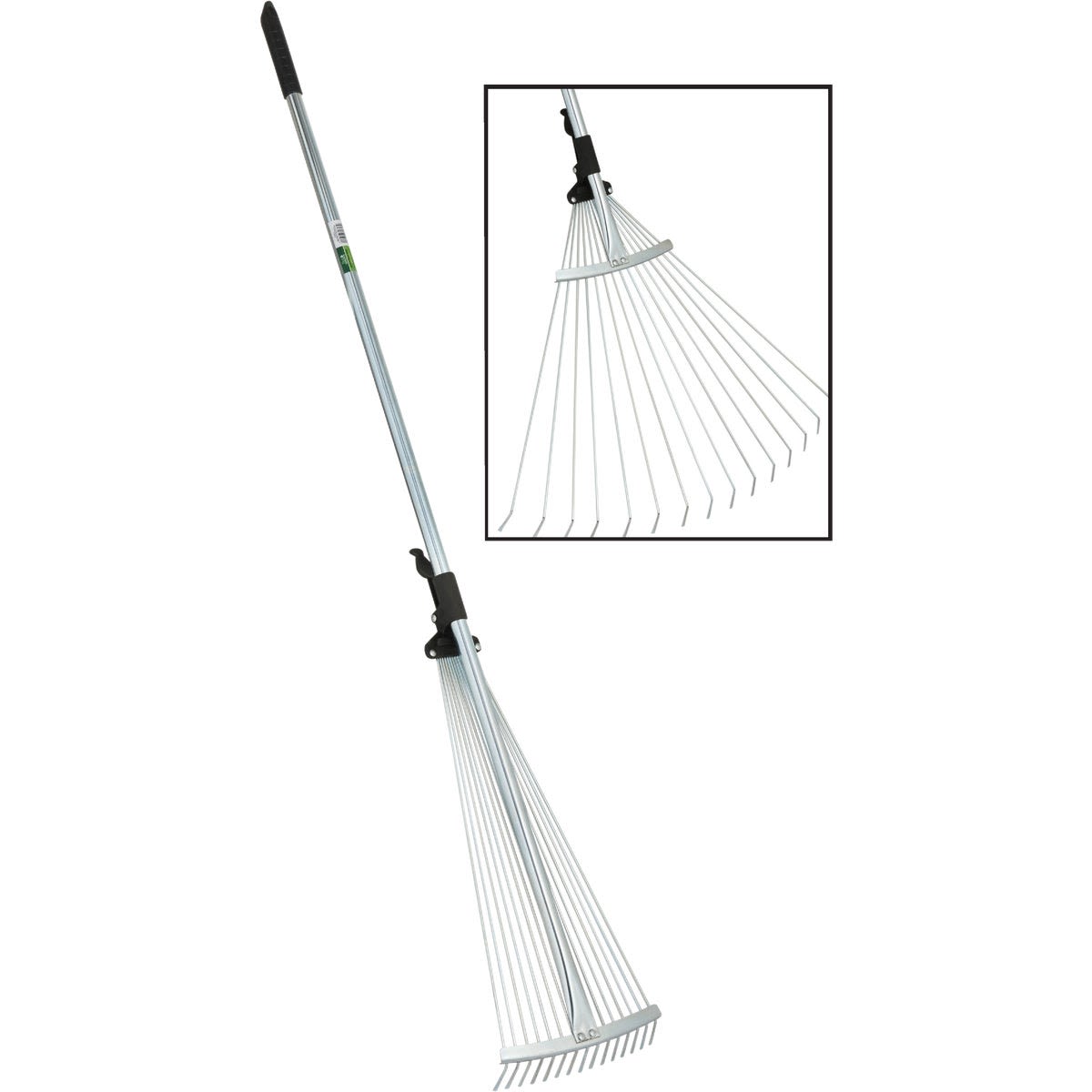Adjustable garden rake with 15 steel tines and black rubber grips, expanding from 7 to 25 inches for versatile leaf raking and compact storage, ideal for Farm, Garden & Tool and Lawncare collections.