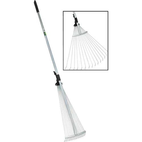 Adjustable garden rake with 15 steel tines and black rubber grips, expanding from 7 to 25 inches for versatile leaf raking and compact storage, ideal for Farm, Garden & Tool and Lawncare collections.