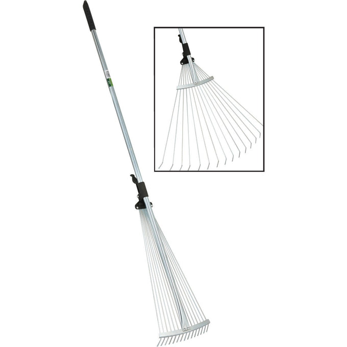 Adjustable garden rake with 15 steel tines and black rubber grips, expanding from 7 to 25 inches for versatile leaf raking and compact storage, ideal for Farm, Garden & Tool and Lawncare collections.