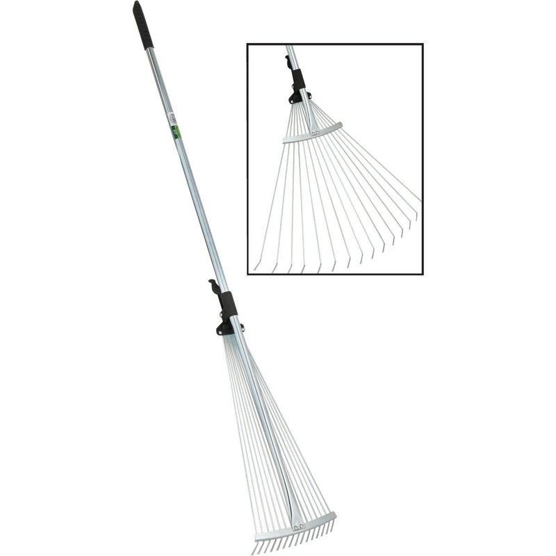 Adjustable garden rake with 15 steel tines and black rubber grips, expanding from 7 to 25 inches for versatile leaf raking and compact storage, ideal for Farm, Garden & Tool and Lawncare collections.