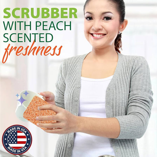 Smiling woman holding a peach-scented silicone dish scrubber, promoting odor-resistant cleaning tools featured in Home & Decor, Household Cleaning, and USA Made collections.