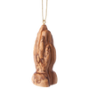 Handcrafted olive wood ornament featuring intricately carved praying hands, designed for holiday decor and home collections with a natural wood grain finish.
