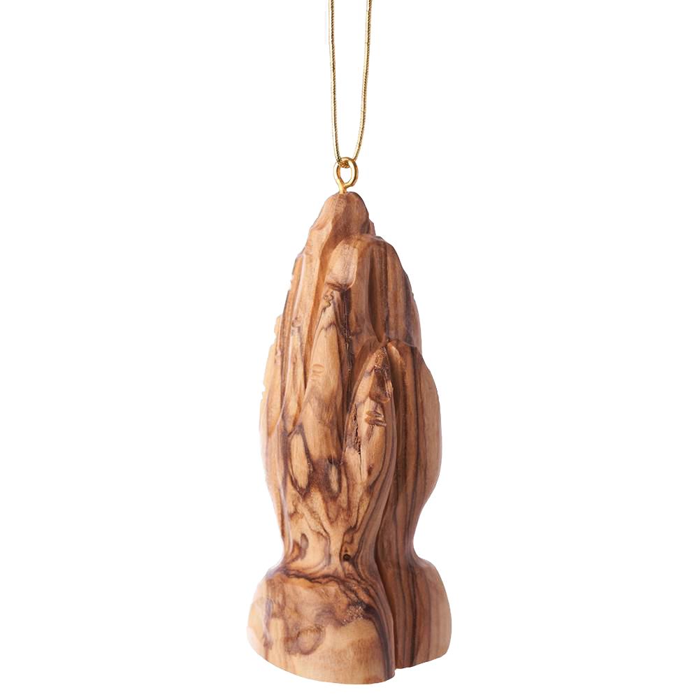 Handcrafted olive wood ornament featuring intricately carved praying hands, designed for holiday decor and home collections with a natural wood grain finish.