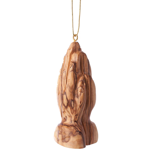 Handcrafted olive wood ornament featuring intricately carved praying hands, designed for holiday decor and home collections with a natural wood grain finish.
