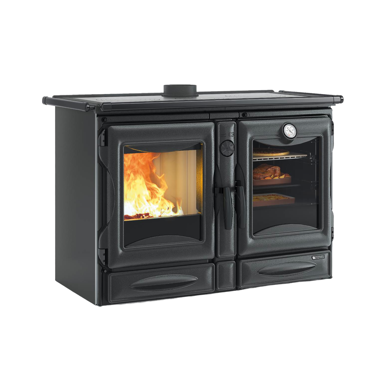 Black enameled cast iron wood stove with visible fire through left door and cooking oven with food and thermometer on right, part of Stoves and Cookstoves collections.