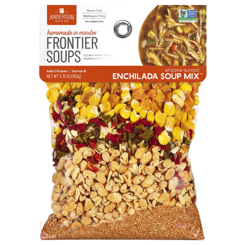 Clear bag of handcrafted gluten-free enchilada soup mix showing natural dried ingredients like corn, beans, and spices, part of Kitchen & Food, Pantry, Soups, and Best Sellers collections.