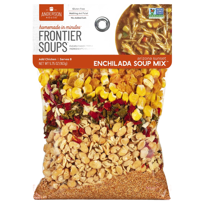 Clear bag of handcrafted gluten-free enchilada soup mix showing natural dried ingredients like corn, beans, and spices, part of Kitchen & Food, Pantry, Soups, and Best Sellers collections.