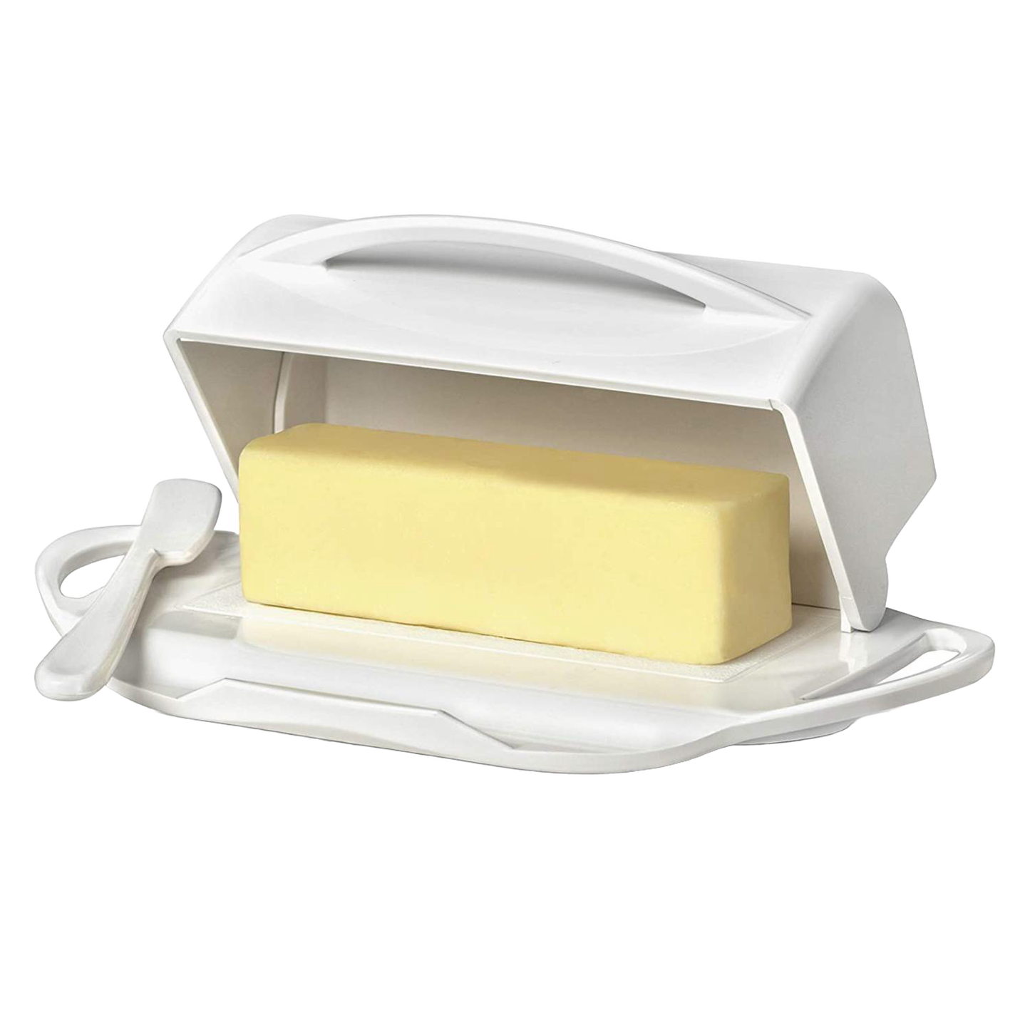 White flip-top butter dish holding a block of butter with a matching spreader resting inside the specially designed cradle, ideal for tidy butter storage and spreading in Kitchen & Food and Kitchen Gadgets collections.