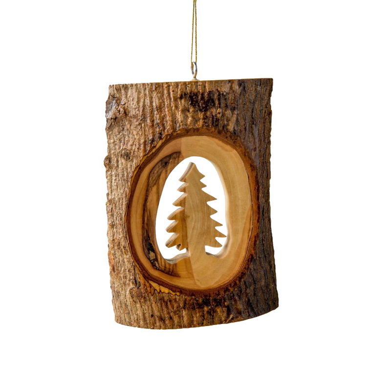 Handcrafted olive wood ornament featuring a natural bark slice with a carved Christmas tree silhouette, perfect for holiday decor and home accents.