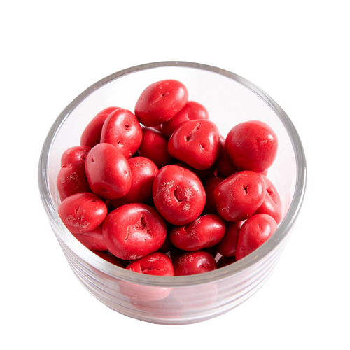Clear glass bowl filled with smooth, red chocolate cherry candies, handcrafted and made in USA, featured in Kitchen & Food, Snacks and Sweets, Candy, USA Made, Best Sellers, and Promo Eligible collections.
