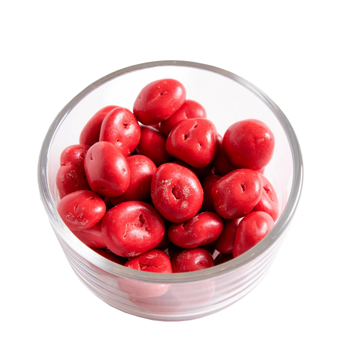 Clear glass bowl filled with smooth, red chocolate cherry candies, handcrafted and made in USA, featured in Kitchen & Food, Snacks and Sweets, Candy, USA Made, Best Sellers, and Promo Eligible collections.