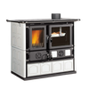White majolica wood cook stove featuring cast iron firebox, enamel steel oven with a viewing window and cooking thermometer, ideal for Stoves, Cookstoves, Best Sellers, and All Stoves & Appliances collections.