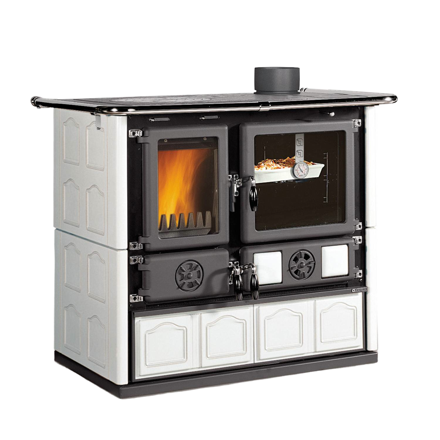 White majolica wood cook stove featuring cast iron firebox, enamel steel oven with a viewing window and cooking thermometer, ideal for Stoves, Cookstoves, Best Sellers, and All Stoves & Appliances collections.