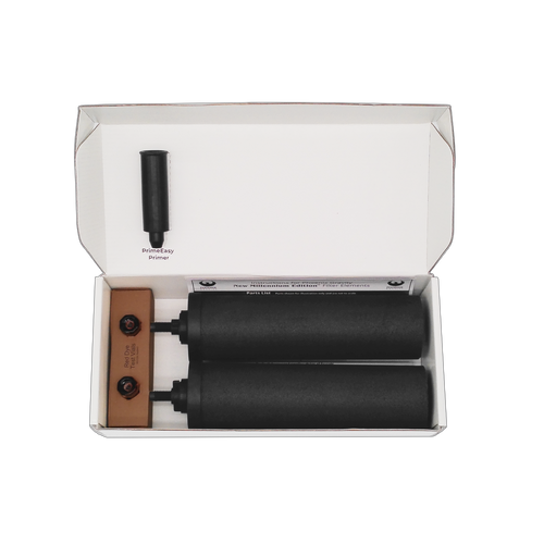Two black synthetic water filter elements and primer in white open packaging box, suitable for Appliances, Water Heating and Treatment, Berkey Water Filters, Best Sellers, Promo Eligible collections.