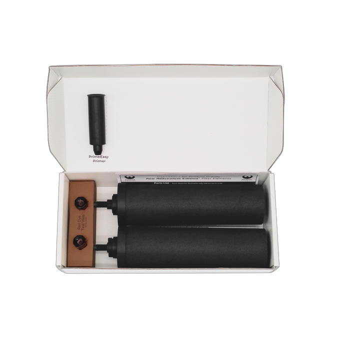 Two black synthetic water filter elements and primer in white open packaging box, suitable for Appliances, Water Heating and Treatment, Berkey Water Filters, Best Sellers, Promo Eligible collections.