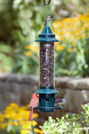 Green squirrel-proof bird feeder with multiple feeding ports attracting various small birds, set against a vibrant garden backdrop, ideal for Farm, Garden & Tool and Animal Care collections.