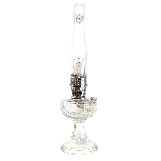 Handcrafted clear ribbed glass oil lamp with tall chimney and polished metal burner, designed for Farm, Garden & Tool, Lamps & Lighting, Emergency Supplies, Oil Lamps, Table Lamps, Best Sellers, and Promo Eligible collections. Bright enough for reading and Amish made.