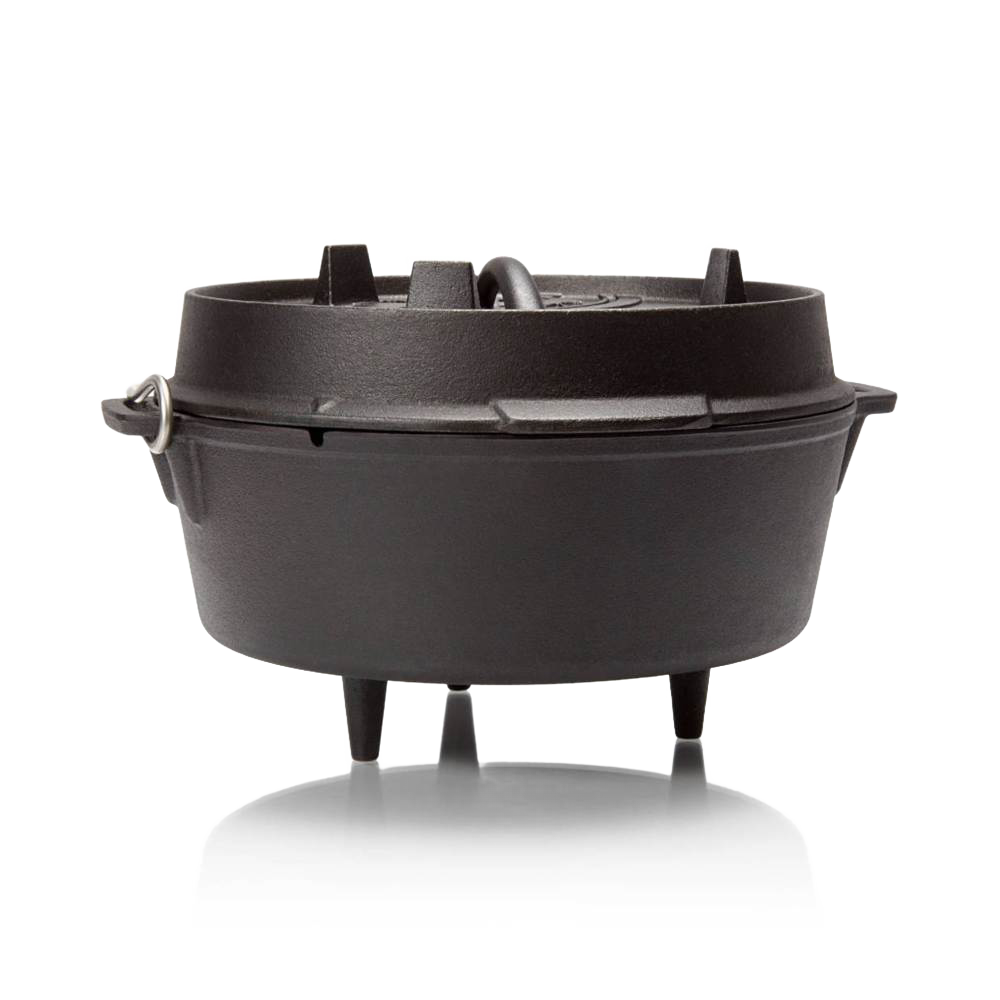 Heavy-duty cast iron Dutch oven with three sturdy legs and fitted lid with raised handles, perfect for outdoor and indoor cooking, featured in Kitchen & Food, Cookware, Cast Iron, Best Sellers, and Promo Eligible collections.