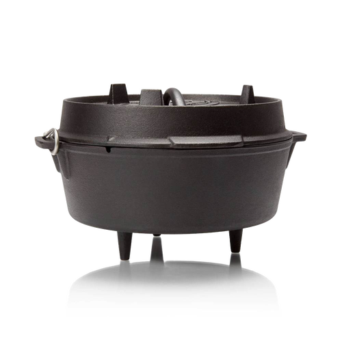 Heavy-duty cast iron Dutch oven with three sturdy legs and fitted lid with raised handles, perfect for outdoor and indoor cooking, featured in Kitchen & Food, Cookware, Cast Iron, Best Sellers, and Promo Eligible collections.