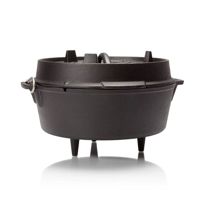 Heavy-duty cast iron Dutch oven with three sturdy legs and fitted lid with raised handles, perfect for outdoor and indoor cooking, featured in Kitchen & Food, Cookware, Cast Iron, Best Sellers, and Promo Eligible collections.