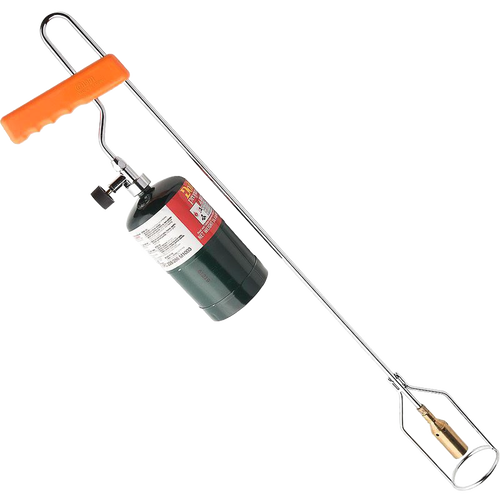 Handheld garden torch with lightweight nickel-plated steel and brass burner, featuring an orange grip, designed for effective weed control and lawncare in farm and garden tool collections.