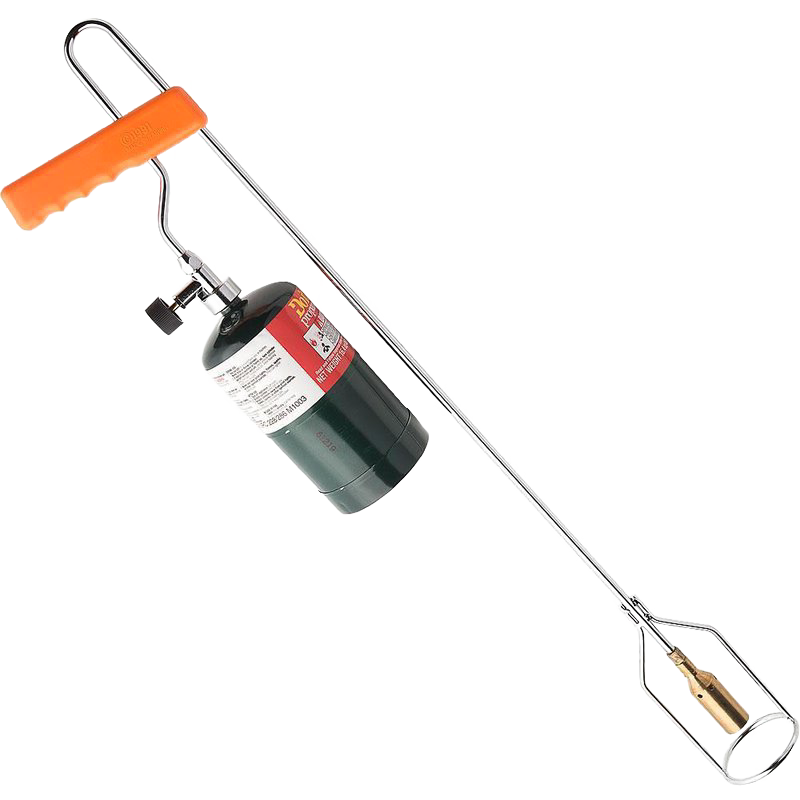 Handheld garden torch with lightweight nickel-plated steel and brass burner, featuring an orange grip, designed for effective weed control and lawncare in farm and garden tool collections.