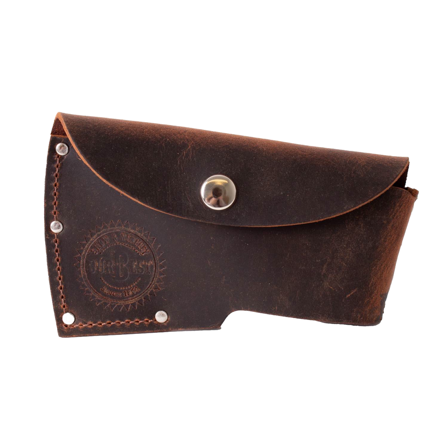 Handcrafted full-grain leather sheath with snap closure, designed for protective axe storage and belt attachment, made in USA, Amish made, ideal for Farm, Garden & Tool and Knives & Axes collections.