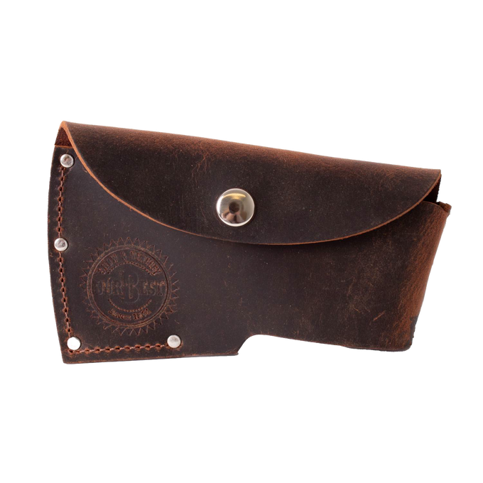 Handcrafted full-grain leather sheath with snap closure, designed for protective axe storage and belt attachment, made in USA, Amish made, ideal for Farm, Garden & Tool and Knives & Axes collections.