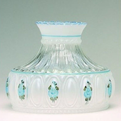 Handcrafted blue rose patterned glass oil lamp shade with a flared top and decorative embossed details, ideal for Lamps & Lighting, Lamp Shades, and Parts and Accessories collections.