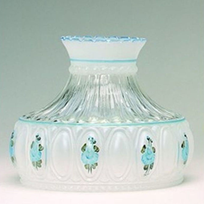 Handcrafted blue rose patterned glass oil lamp shade with a flared top and decorative embossed details, ideal for Lamps & Lighting, Lamp Shades, and Parts and Accessories collections.