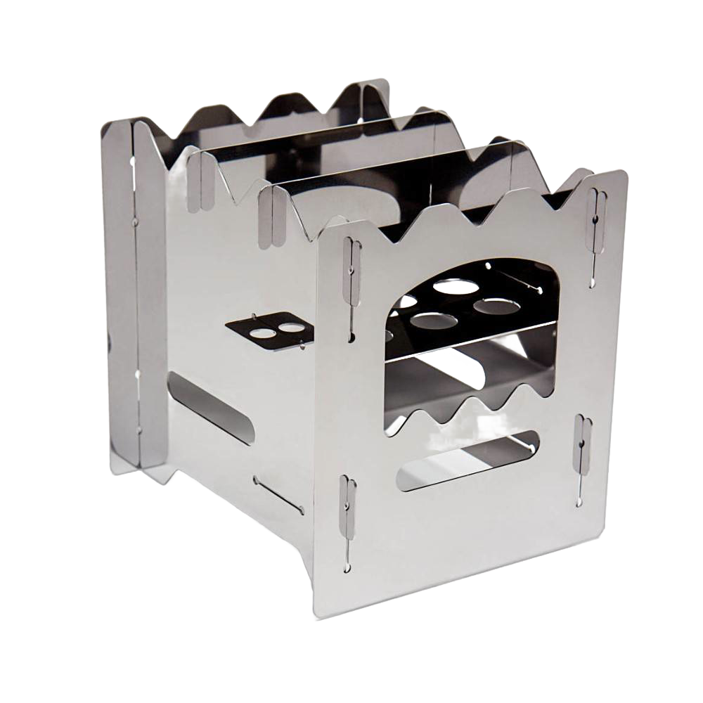 Compact stainless steel camping stove with a folding design featuring toothed edges for pot support, ideal for Farm, Garden & Tool, Camping, Emergency Supplies, and Best Sellers collections.