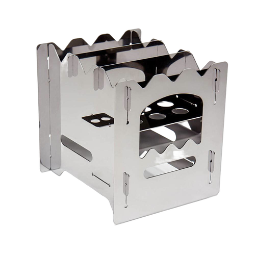 Compact stainless steel camping stove with a folding design featuring toothed edges for pot support, ideal for Farm, Garden & Tool, Camping, Emergency Supplies, and Best Sellers collections.