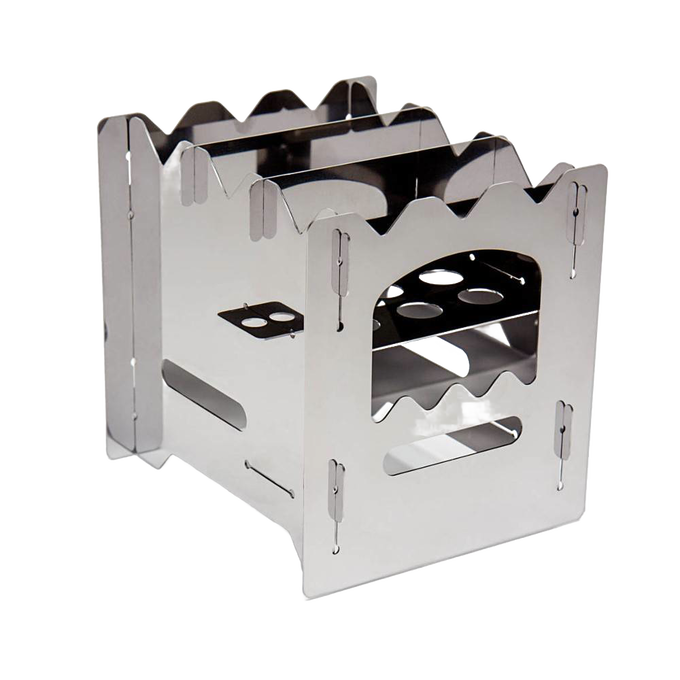 Compact stainless steel camping stove with a folding design featuring toothed edges for pot support, ideal for Farm, Garden & Tool, Camping, Emergency Supplies, and Best Sellers collections.