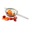 Stainless steel mesh strainer with a long handle and resting ring, holding colorful mini bell peppers, ideal for Kitchen & Food, Kitchen Gadgets, Cooking and Baking Helpers, and Best Sellers collections.
