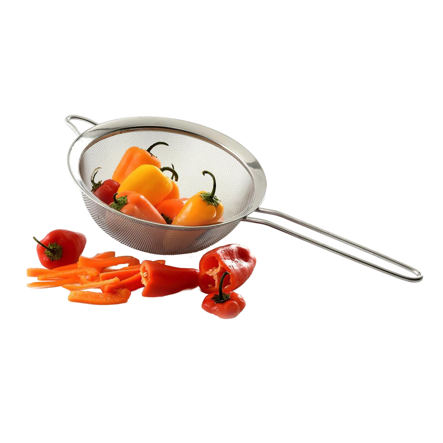 Stainless steel mesh strainer with a long handle and resting ring, holding colorful mini bell peppers, ideal for Kitchen & Food, Kitchen Gadgets, Cooking and Baking Helpers, and Best Sellers collections.