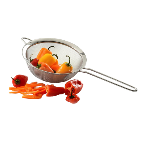 Stainless steel mesh strainer with a long handle and resting ring, holding colorful mini bell peppers, ideal for Kitchen & Food, Kitchen Gadgets, Cooking and Baking Helpers, and Best Sellers collections.