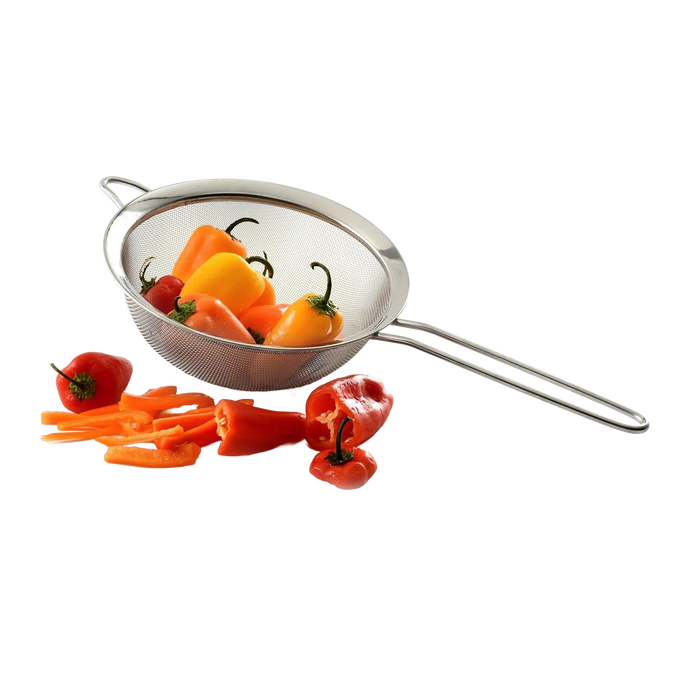 Stainless steel mesh strainer with a long handle and resting ring, holding colorful mini bell peppers, ideal for Kitchen & Food, Kitchen Gadgets, Cooking and Baking Helpers, and Best Sellers collections.