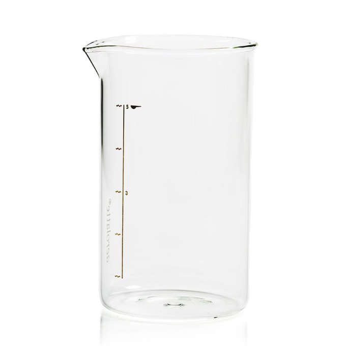 Clear glass beaker with measurement markings and a small spout, designed as a dishwasher-safe replacement for 5-cup French press; part of Kitchen & Food, Brewing Coffee and Tea, Best Sellers, and Promo Eligible collections.