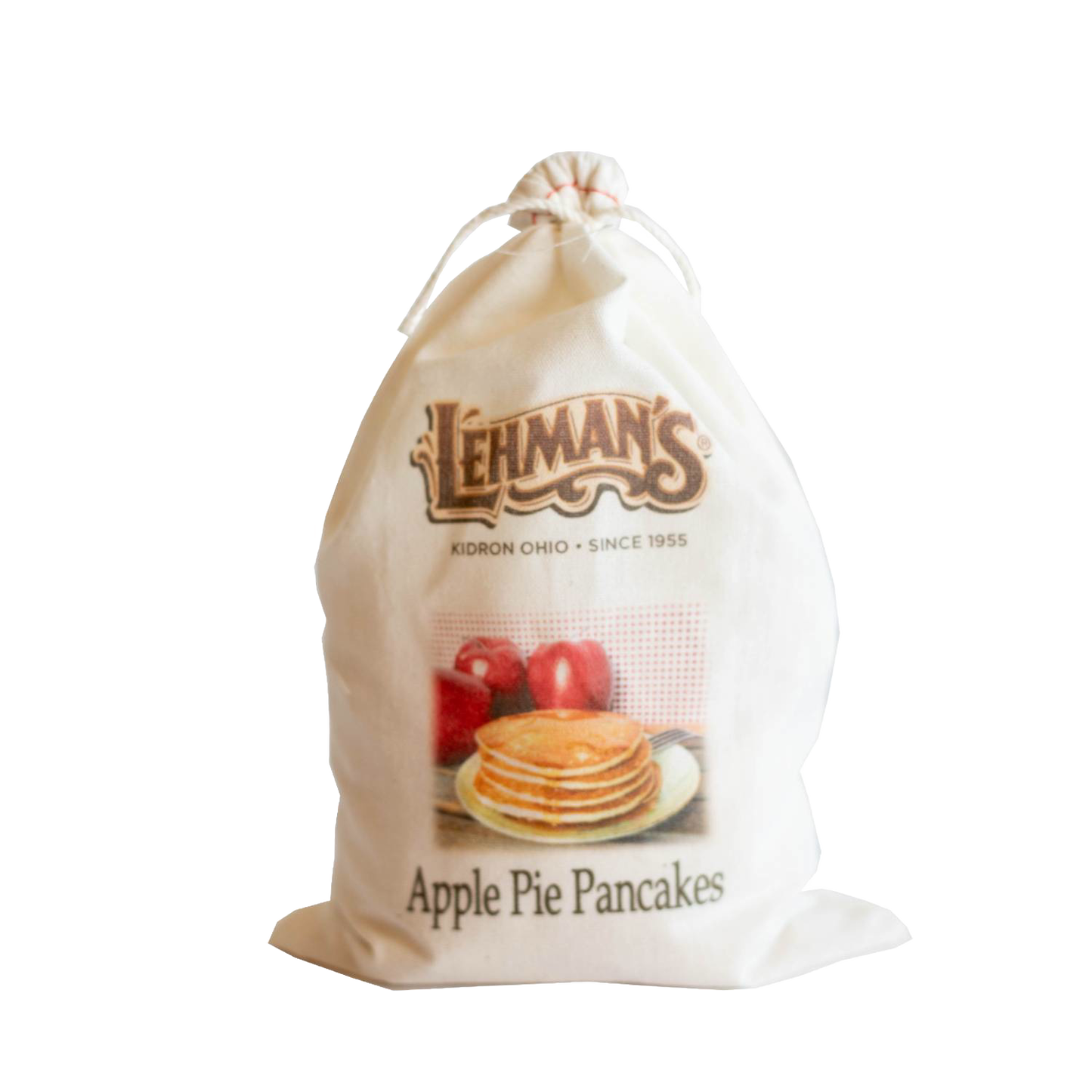 Natural fabric drawstring bag of handcrafted Lehman’s apple pie flavored pancake mix, featuring an illustration of apple pie pancakes, ideal for Kitchen & Food, Pantry, Dry Goods and Mixes, Best Sellers, and Promo Eligible collections.