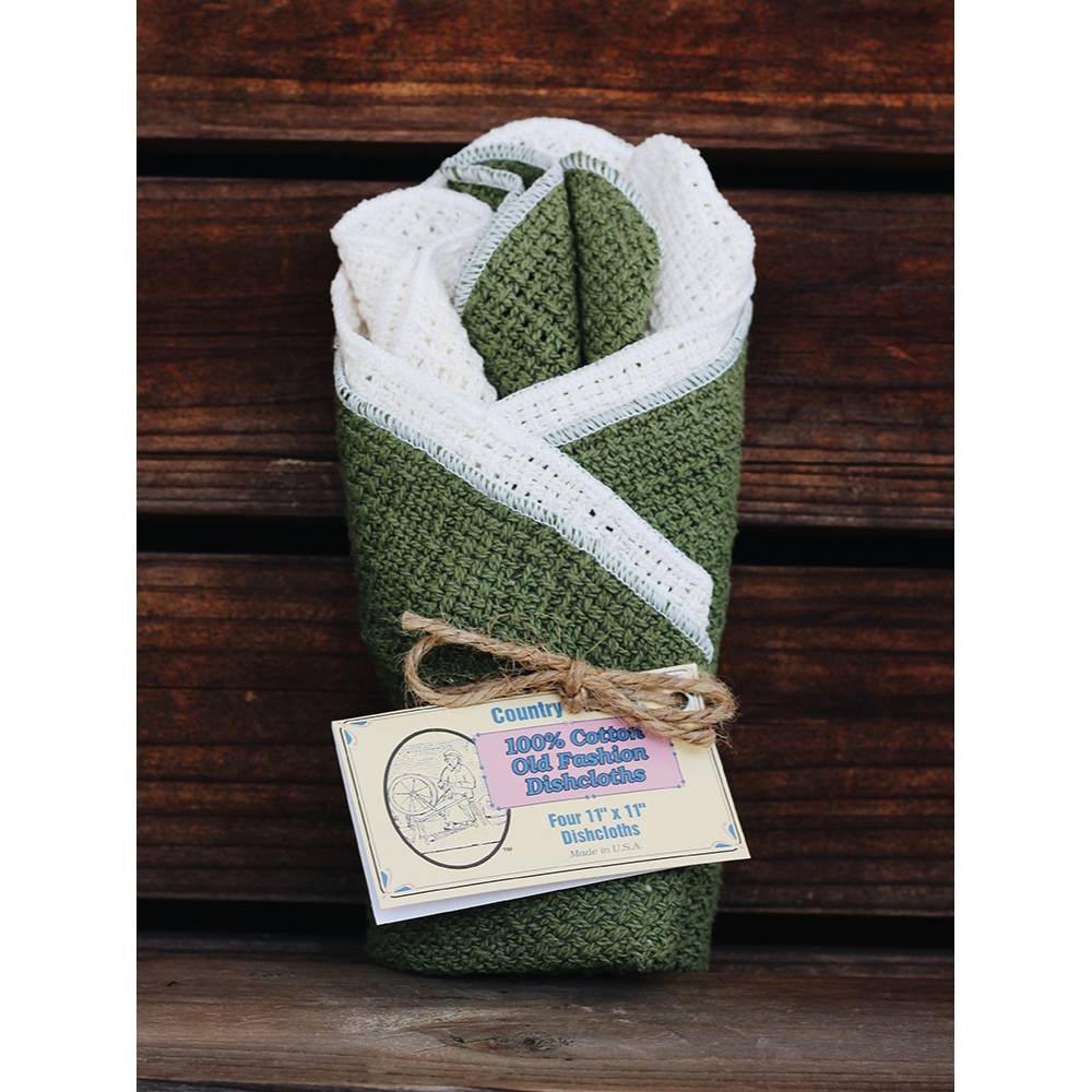 Set of four pre-shrunk 100% cotton dishcloths in olive green and natural cream, tied with rustic twine and featuring a vintage-style label, ideal for Kitchen & Food, Kitchen Textiles, USA Made, Best Sellers, and Promo Eligible collections.