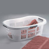 White plastic laundry basket with built-in handles and ventilation slots, holding a folded terracotta towel, suitable for Home & Decor and Laundry Supplies collections.