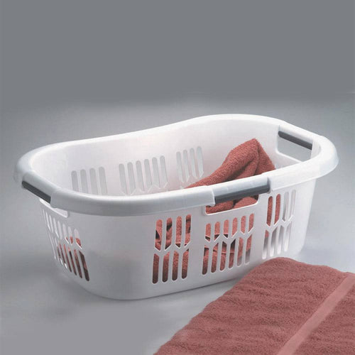 White plastic laundry basket with built-in handles and ventilation slots, holding a folded terracotta towel, suitable for Home & Decor and Laundry Supplies collections.