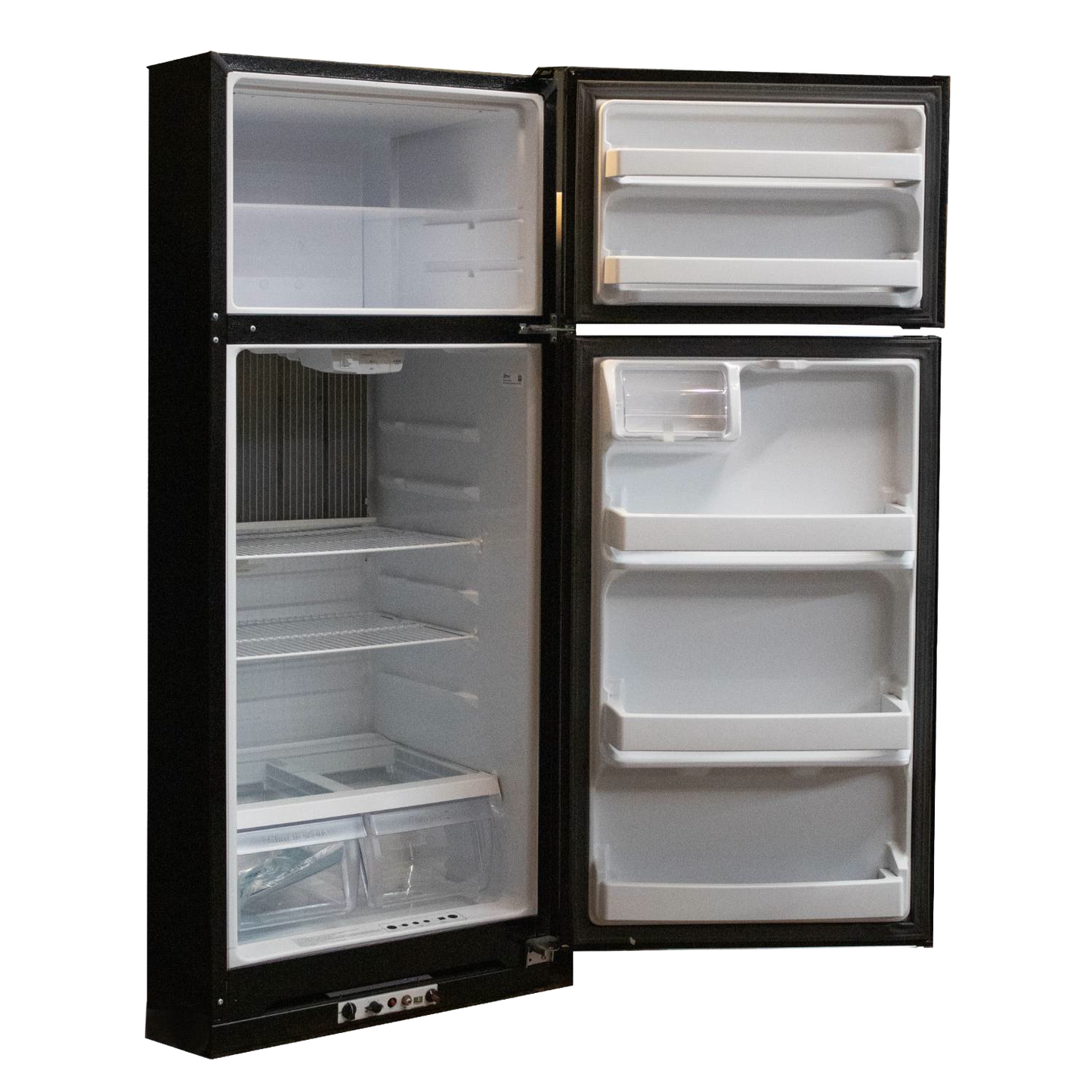 Open black gas refrigerator with freezer compartment on top and spacious shelving inside, handcrafted in use, featured in Appliances, Refrigerators and Freezers, and Best Sellers collections.