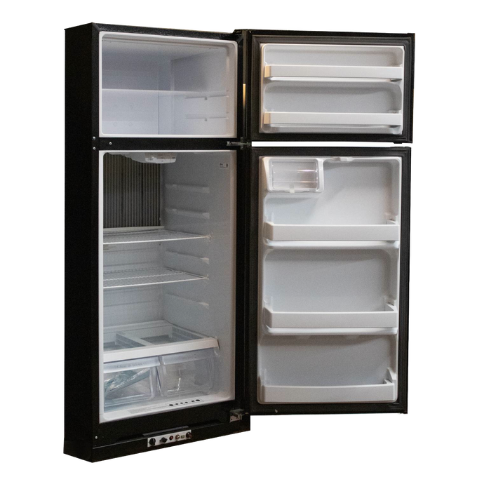Open black gas refrigerator with freezer compartment on top and spacious shelving inside, handcrafted in use, featured in Appliances, Refrigerators and Freezers, and Best Sellers collections.
