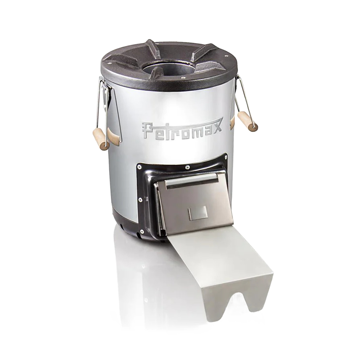 Silver compact outdoor stove with cast iron top, front fuel drawer, and wooden side handles, designed for quick heat generation in Farm, Garden & Tool, Camping, Best Sellers, and Promo Eligible collections.