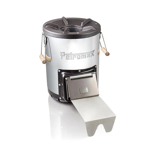 Silver compact outdoor stove with cast iron top, front fuel drawer, and wooden side handles, designed for quick heat generation in Farm, Garden & Tool, Camping, Best Sellers, and Promo Eligible collections.