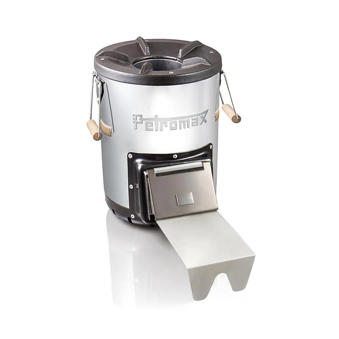 Silver compact outdoor stove with cast iron top, front fuel drawer, and wooden side handles, designed for quick heat generation in Farm, Garden & Tool, Camping, Best Sellers, and Promo Eligible collections.