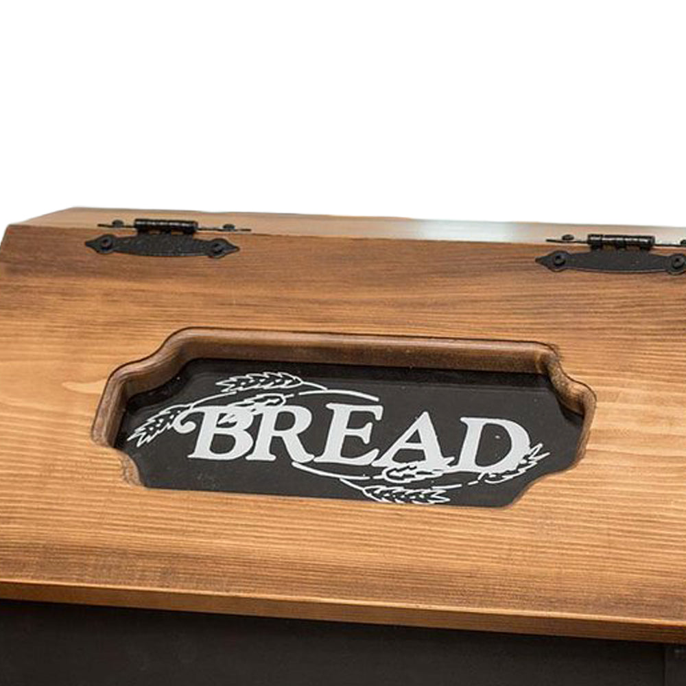 Handcrafted pine bread box lid with slanted variegated brown stain and carved inset reading "BREAD" in white, Amish made, ideal for Kitchen & Food and Storage collections.