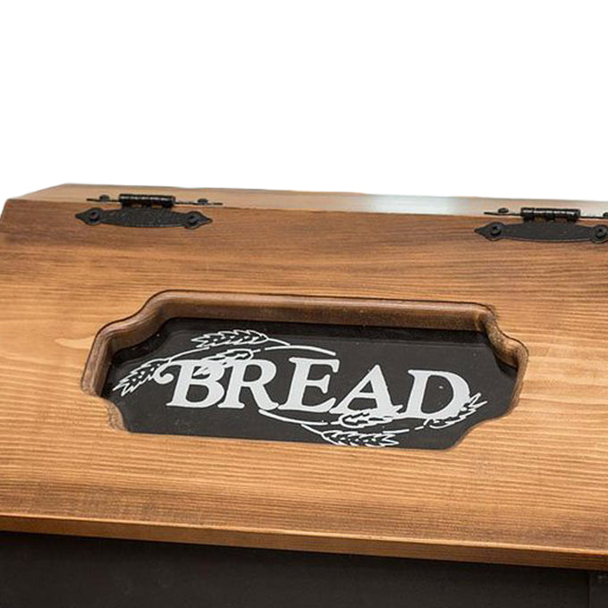 Handcrafted pine bread box lid with slanted variegated brown stain and carved inset reading "BREAD" in white, Amish made, ideal for Kitchen & Food and Storage collections.