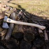 Hand-forged camping axe with a high carbon steel blade and smooth hickory handle, handcrafted in the USA by Amish makers, ideal for wood cutting, farm, garden, and hardware collections.